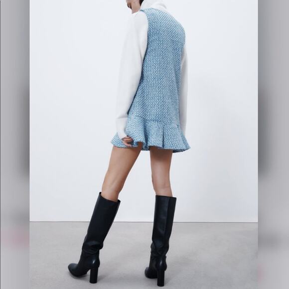 Zara Blue and White TEXTURED RUFFLED PINAFORE DRESS Size Extra Small XS - Picture 11 of 16